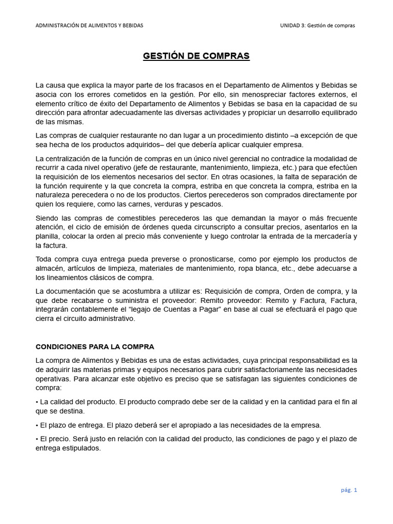 Gestión de Compras en Alimentos y Bebidas | PDF | Calidad (comercial ...