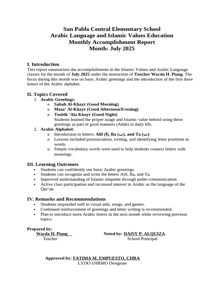 Arabic Language & Islamic Values Report | PDF | Learning
