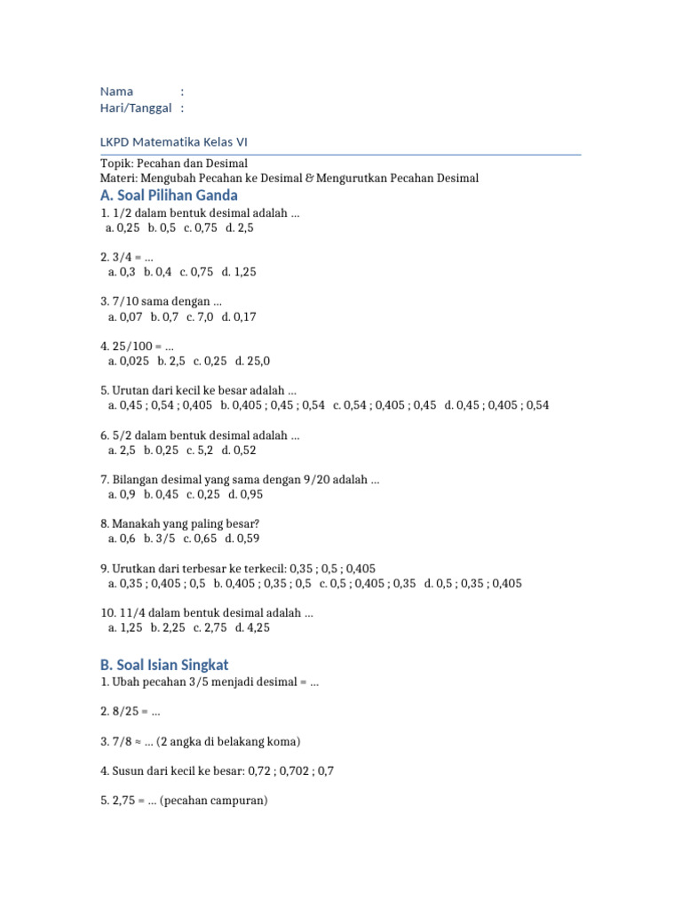 Soal Pecahan dan Desimal Kelas VI | PDF