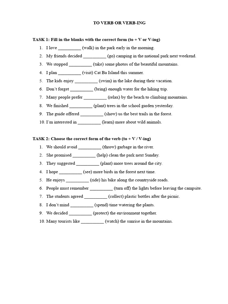 Verb Forms: To vs. V-ing Exercises | PDF