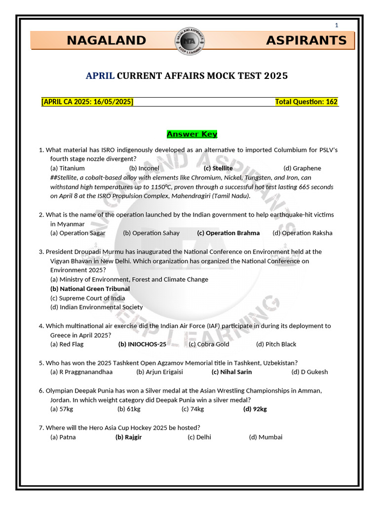 APRIL CA MOCK TEST-Ans key[16-05-25] | PDF | Reserve Bank Of India ...