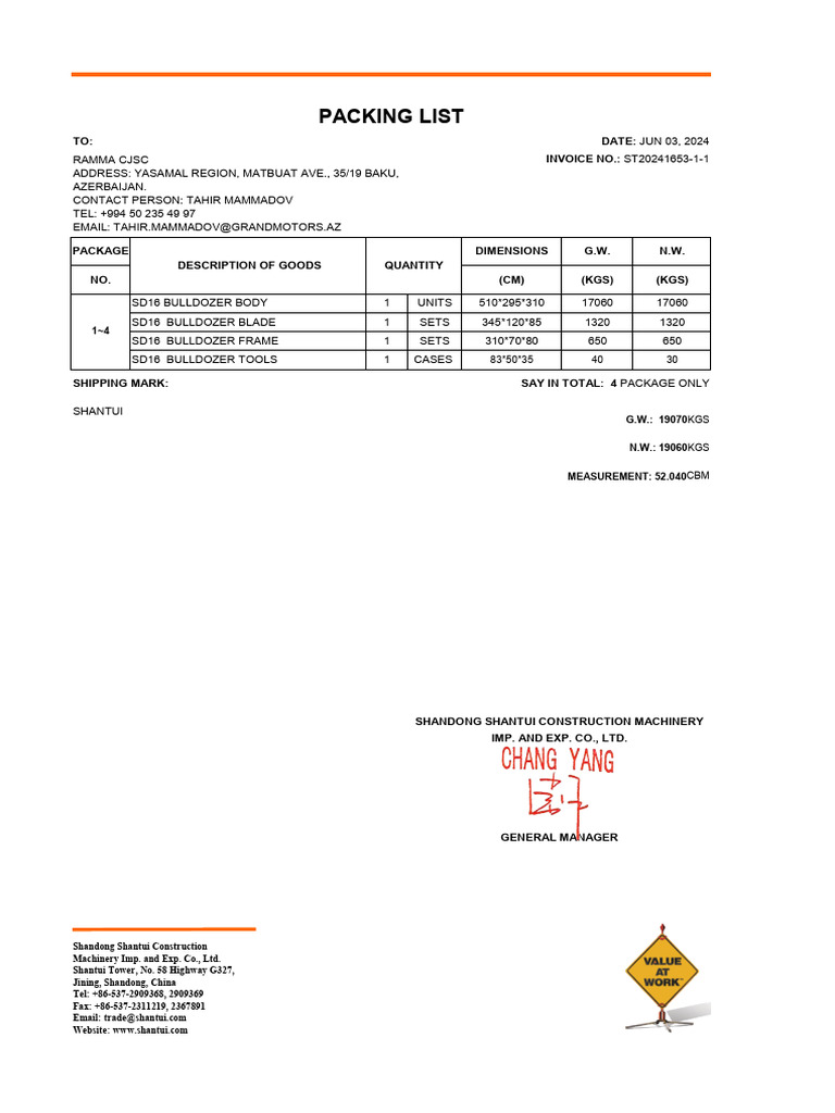 Bulldozer Packing List for Shipment | PDF