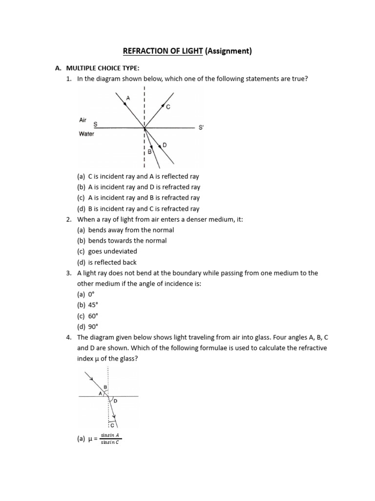 Refraction of Light Cl8 Assignment | PDF | Refraction | Light