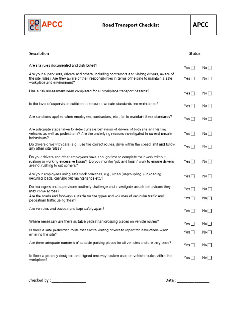 Work Place Road Transport Checklist | PDF