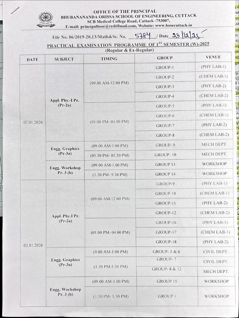 Practical Exam Schedule 1st Sem Winter 2025 | PDF