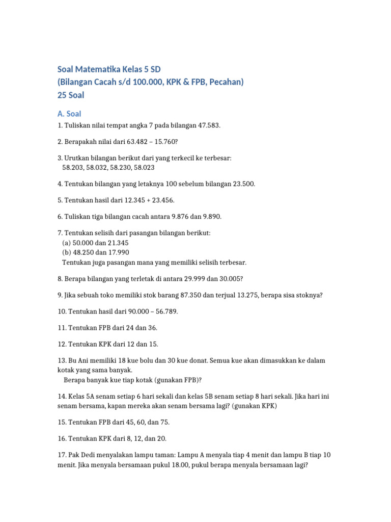 Soal Matematika Kelas 5: Bilangan & Pecahan | PDF