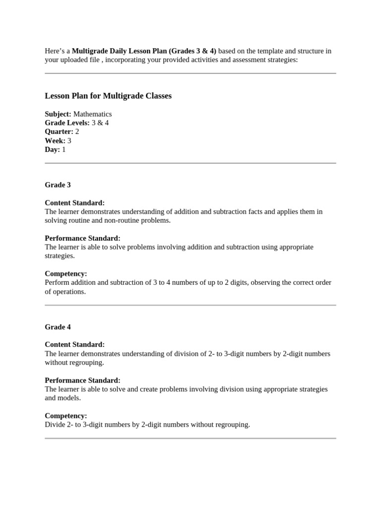 Multigrade Math Lesson Plan: Grades 3-4 | PDF | Learning | Lesson Plan