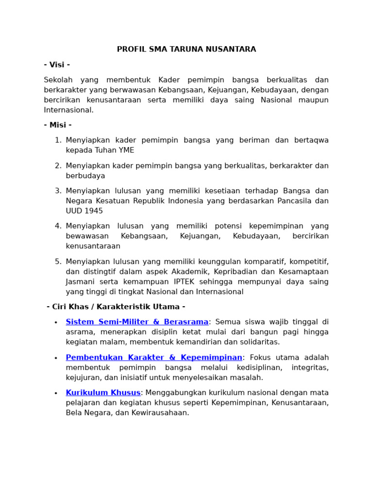 Profil dan Visi SMA Taruna Nusantara | PDF