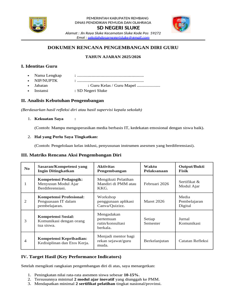Rencana Pengembangan Diri Guru SD Sluke | PDF