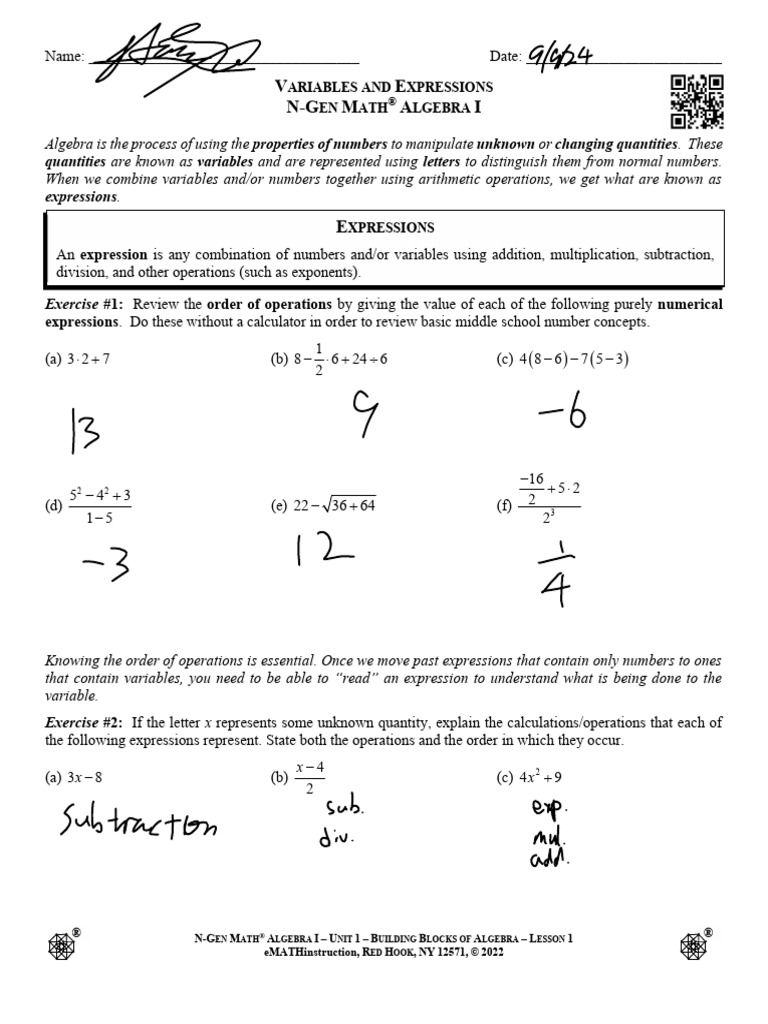 Algebra I: Variables and Expressions Guide | PDF | Numbers | Variable ...