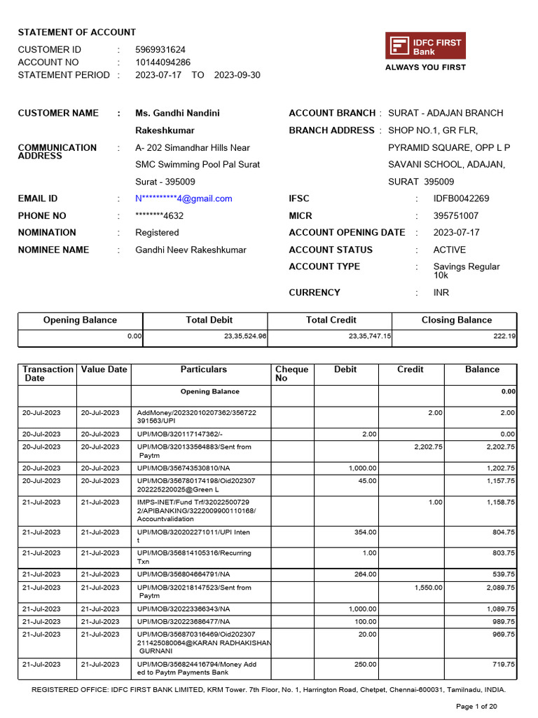 Account Statement: July to September 2023 | PDF | Debits And Credits ...