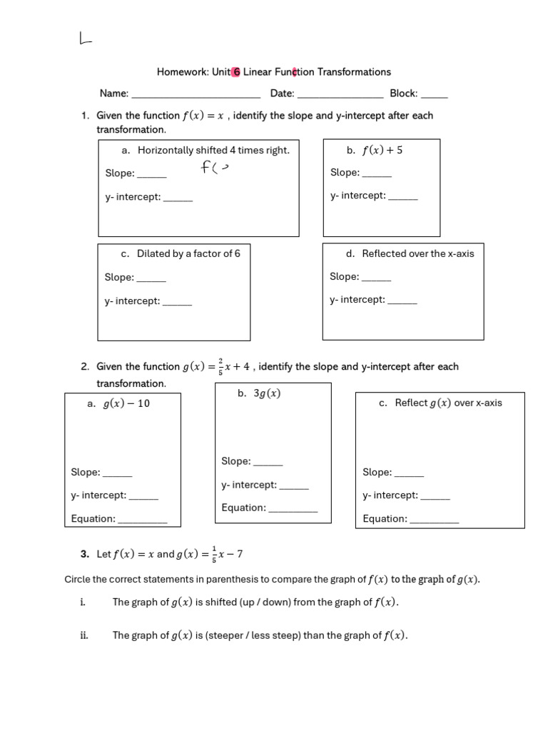 Homework Linear Function Transformations | PDF | Slope