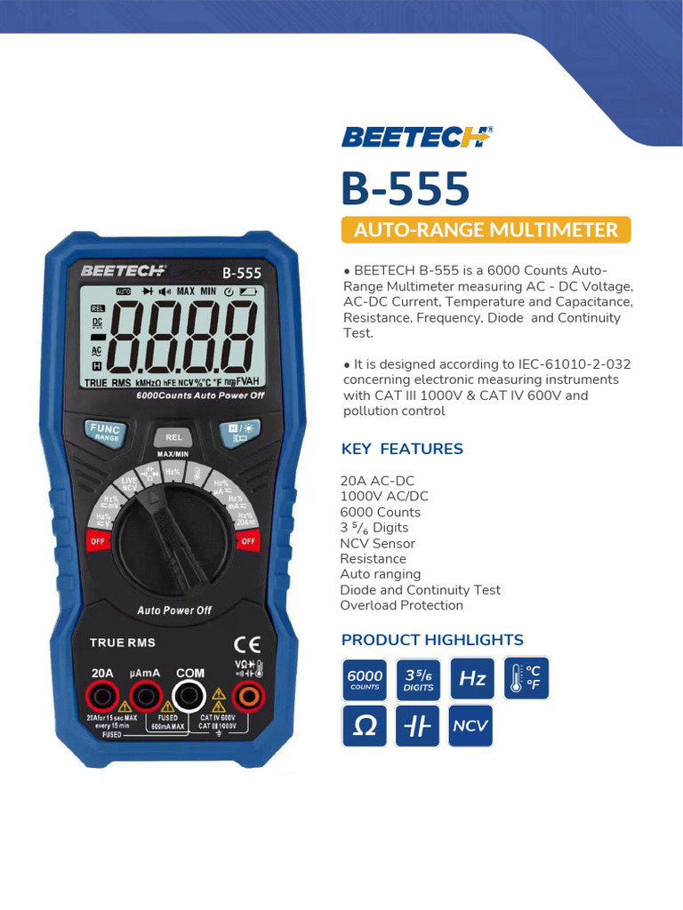 BEETECH B-555 Auto-Range Multimeter | PDF | Diode | Electronic Engineering