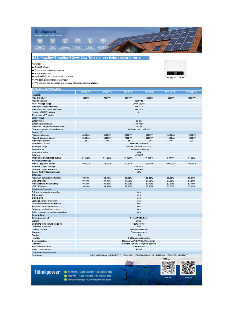 Three-Phase Hybrid Solar Inverter Specs | PDF | Power (Physics ...