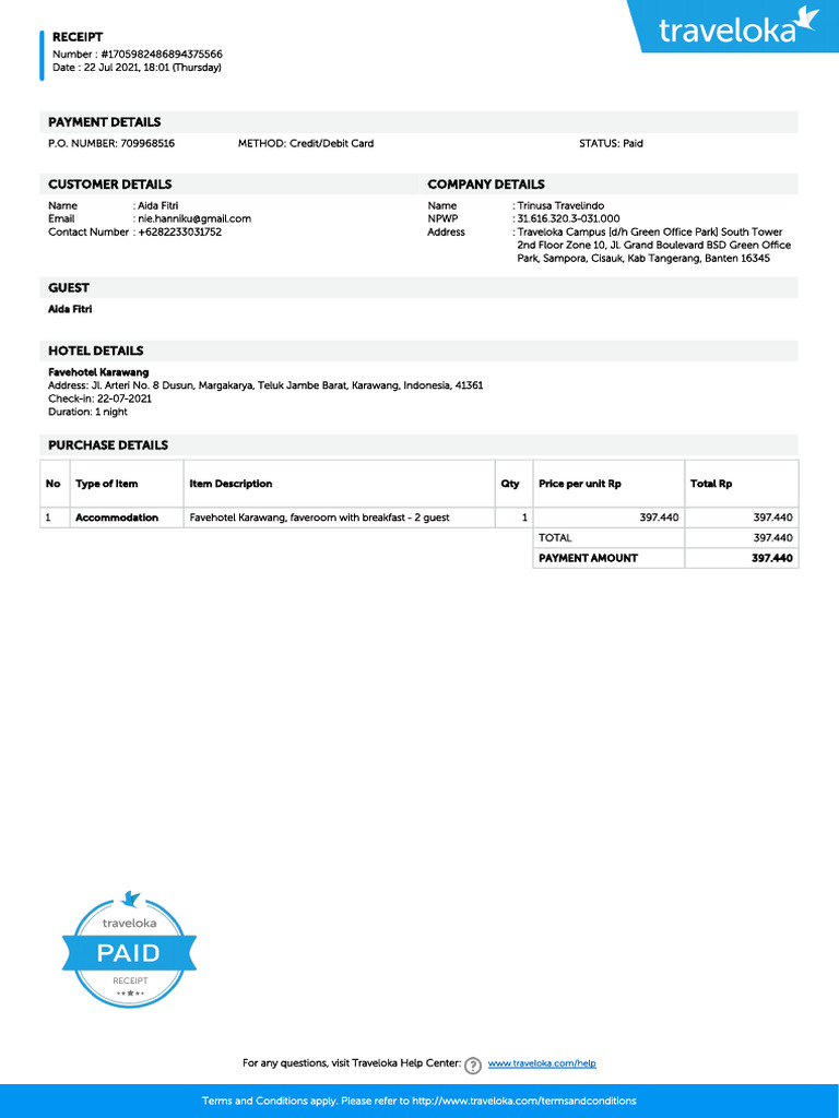 Travel Receipt for Favehotel Karawang | PDF