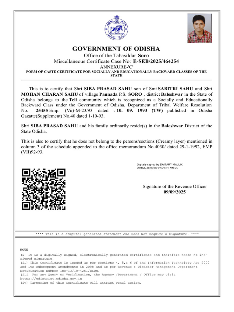 Caste Certificate for SEBC in Odisha | PDF