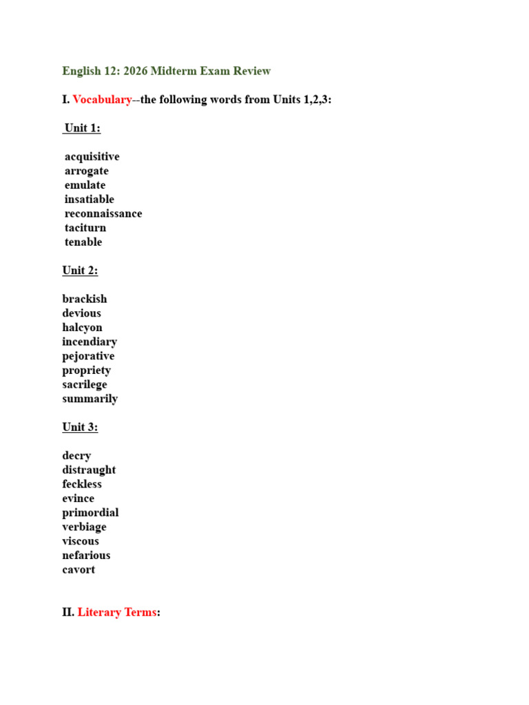English 12 Midterm Exam Review Guide | PDF