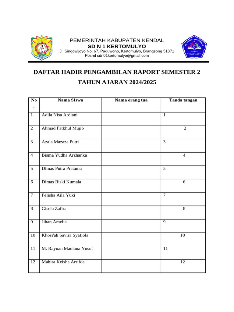 Daftar Hadir Pengambilan Raport SDN 1 Kertomulyo | PDF