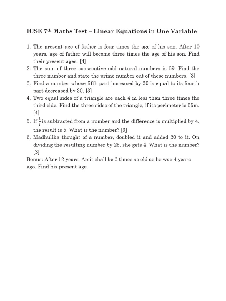 ICSE 7th Linear Equations in One Variable Word Problems Test | PDF