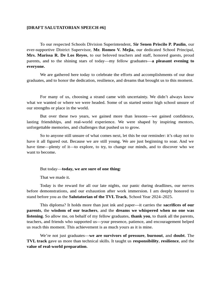 Draft Salutatorian Speech 7 | PDF