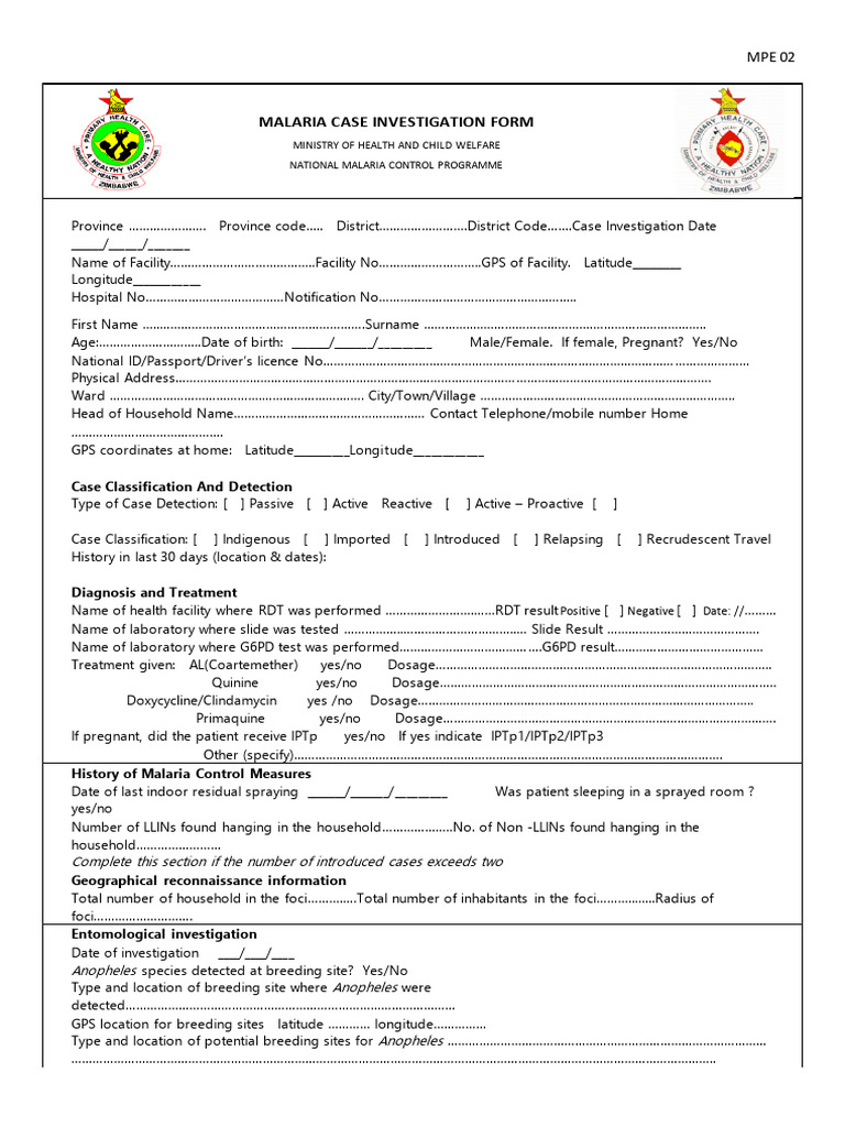 Malaria Case Investigation Form MPE 02 | PDF | Medical Specialties ...