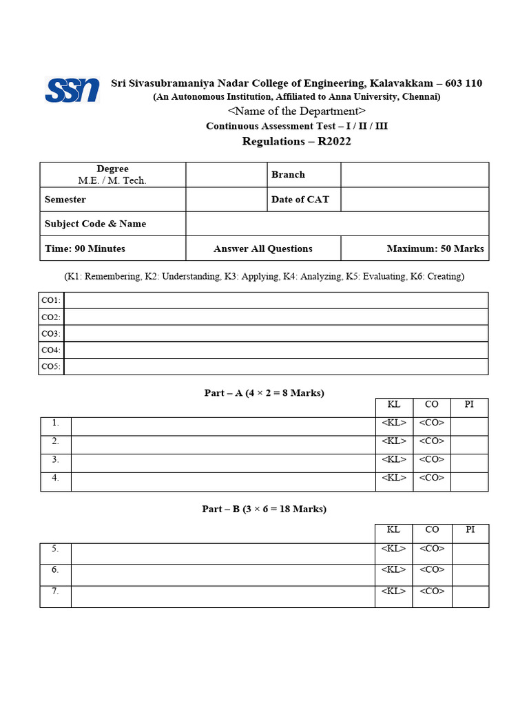 Continuous Assessment Test Regulations R2022 | PDF