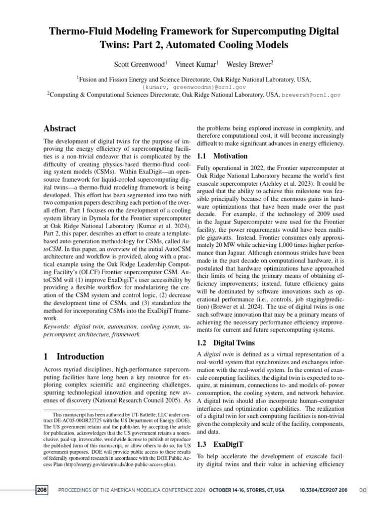 Thermo-Fluid Modeling Framework For Supercomputing Digital Twins: Part ...