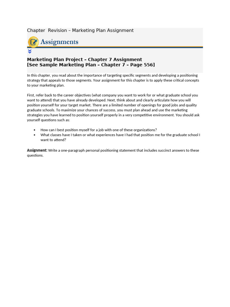 Chapter 7 Revision - Marketing Plan Assignment | PDF