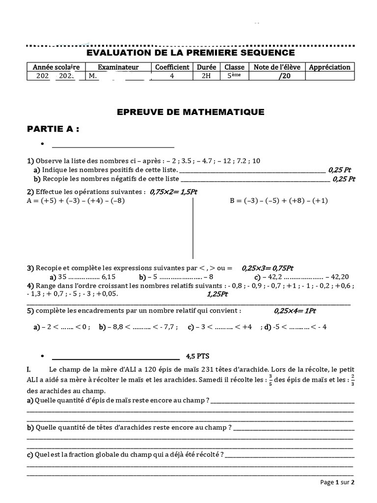Évaluation de Mathématiques 5ème - Séquence 3 | PDF