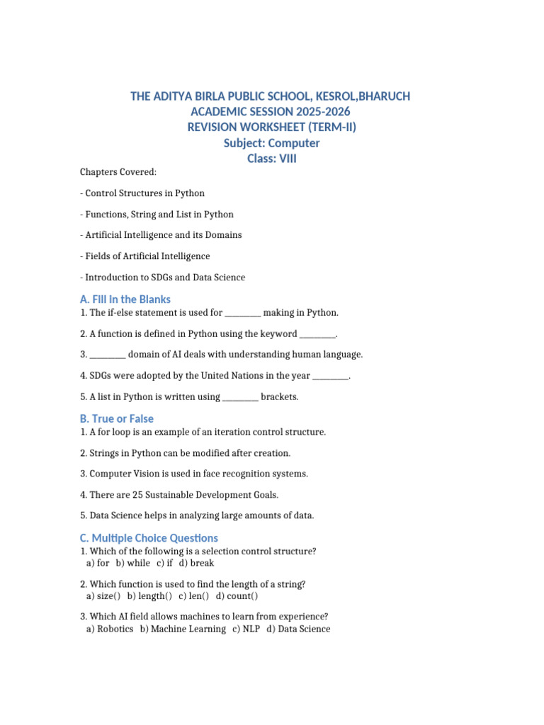 Class VIII Computer Revision Worksheet | PDF