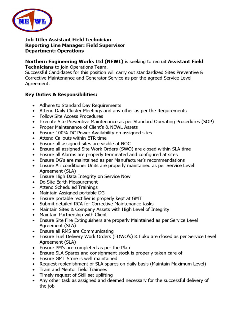 Assistant Field Technician-1 | PDF