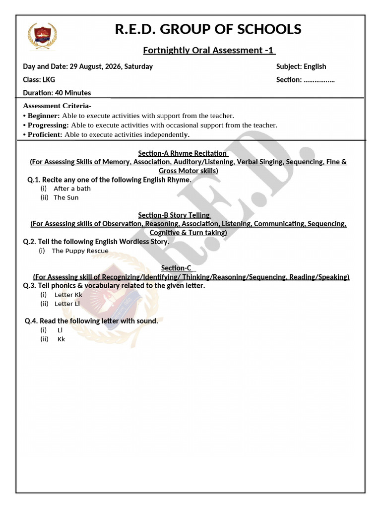 LKG English Oral Assessment Guide | PDF