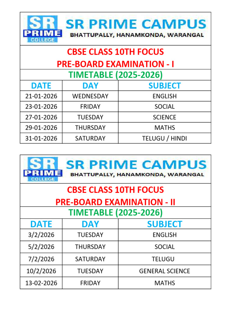CBSE Class 10 Pre-Board Timetable 2026 | PDF