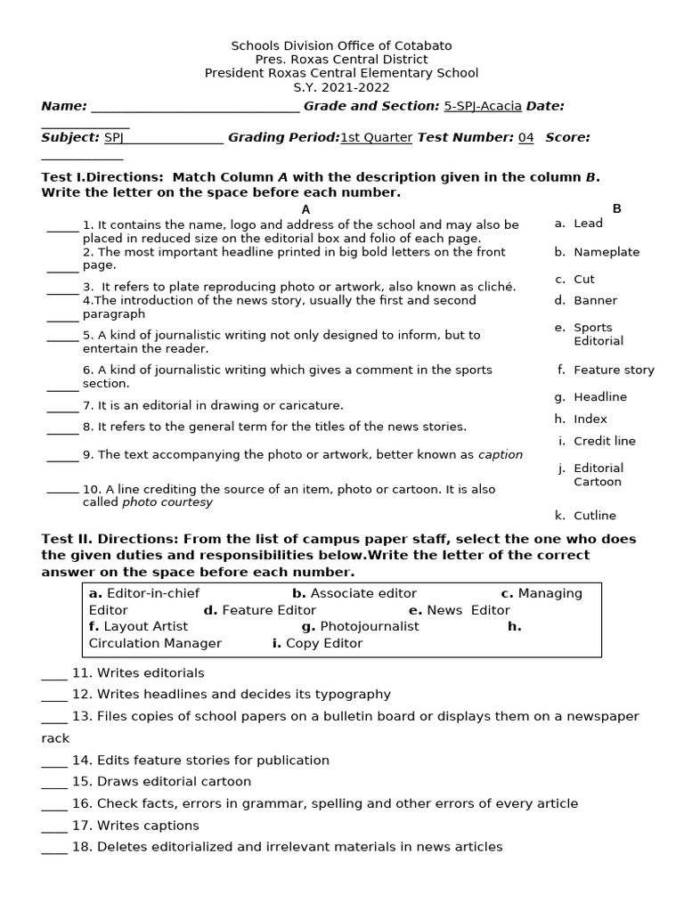 5th Grade SPJ Test: Match & Duties | PDF | Editing | Copy Editing