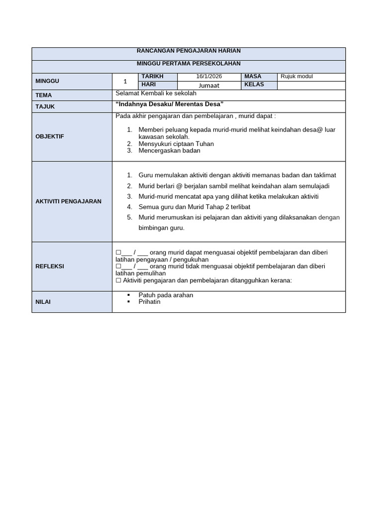 RPH Ringkas Minggu 1 Sesi Pagi (Jumaat) | PDF