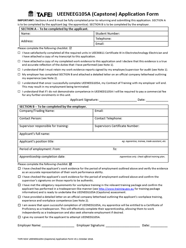 UEENEEG105A Capstone Application Form | PDF | Electrical Wiring ...