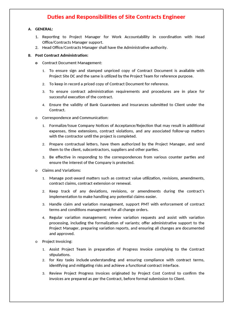 Site Contracts Engineer Responsibilities | PDF | Subcontractor ...