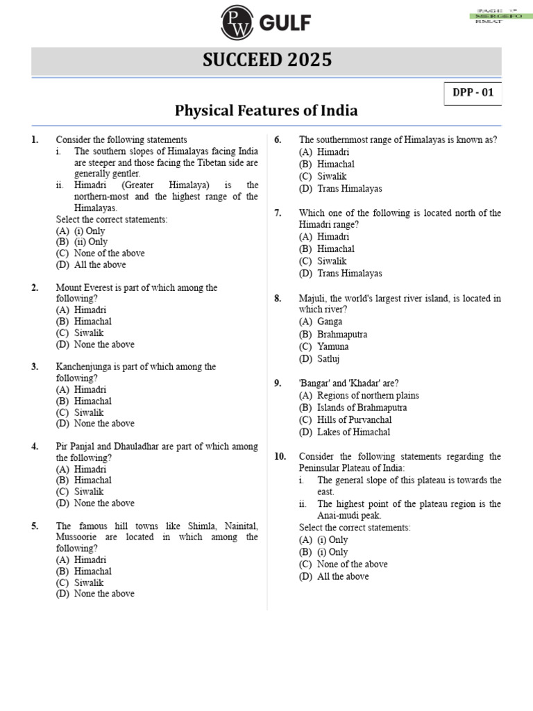 India's Physical Geography Quiz | PDF | Himalayas | Earth Sciences