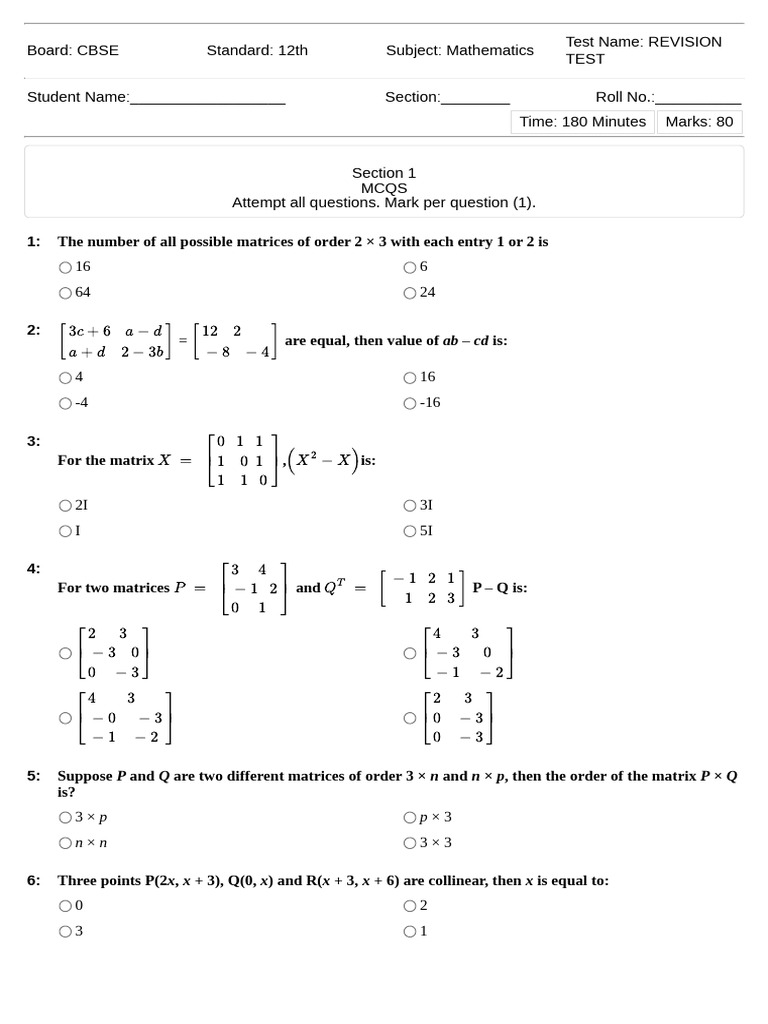 CBSE 12th Mathematics Revision Test | PDF | Matrix (Mathematics ...