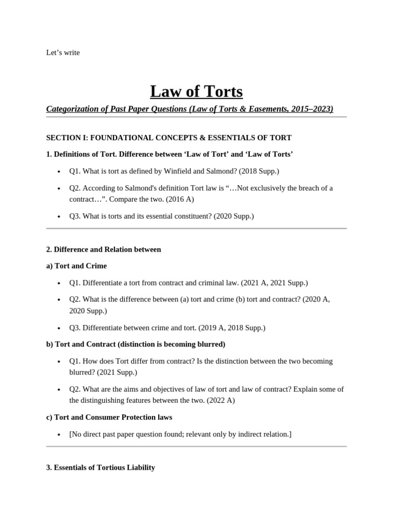 Law of Torts: Past Paper Insights 2015-2023 | PDF | Defamation | Tort