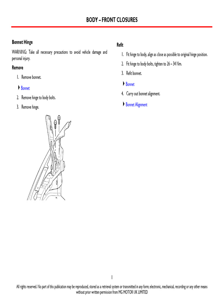 Bonnet Hinge Removal and Refit Guide | PDF