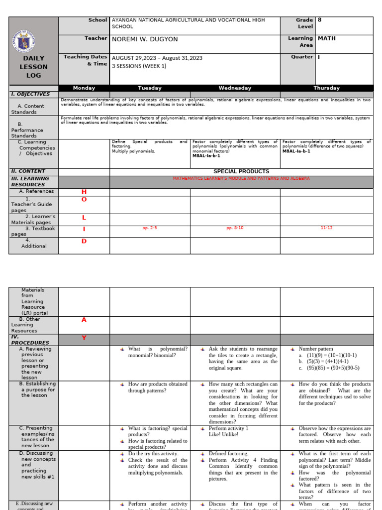 Grade 8 Math Lesson Plan: Factoring Polynomials | PDF | Factorization ...