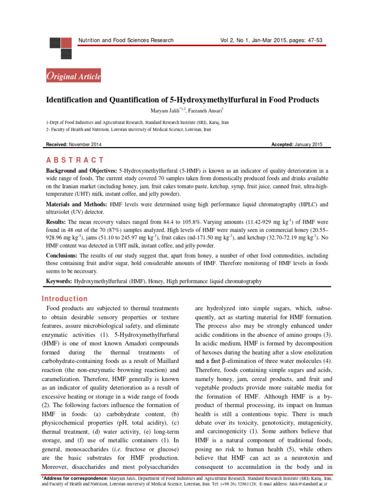 HMF Levels in Iranian Food Products | PDF