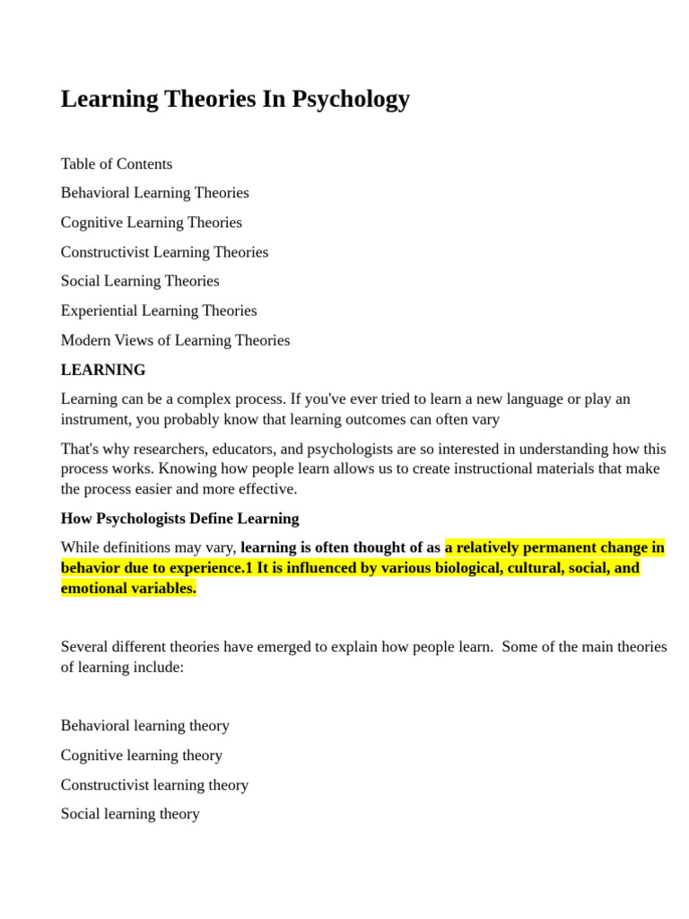 Overview of Learning Theories in Psychology | PDF | Behaviorism | Learning