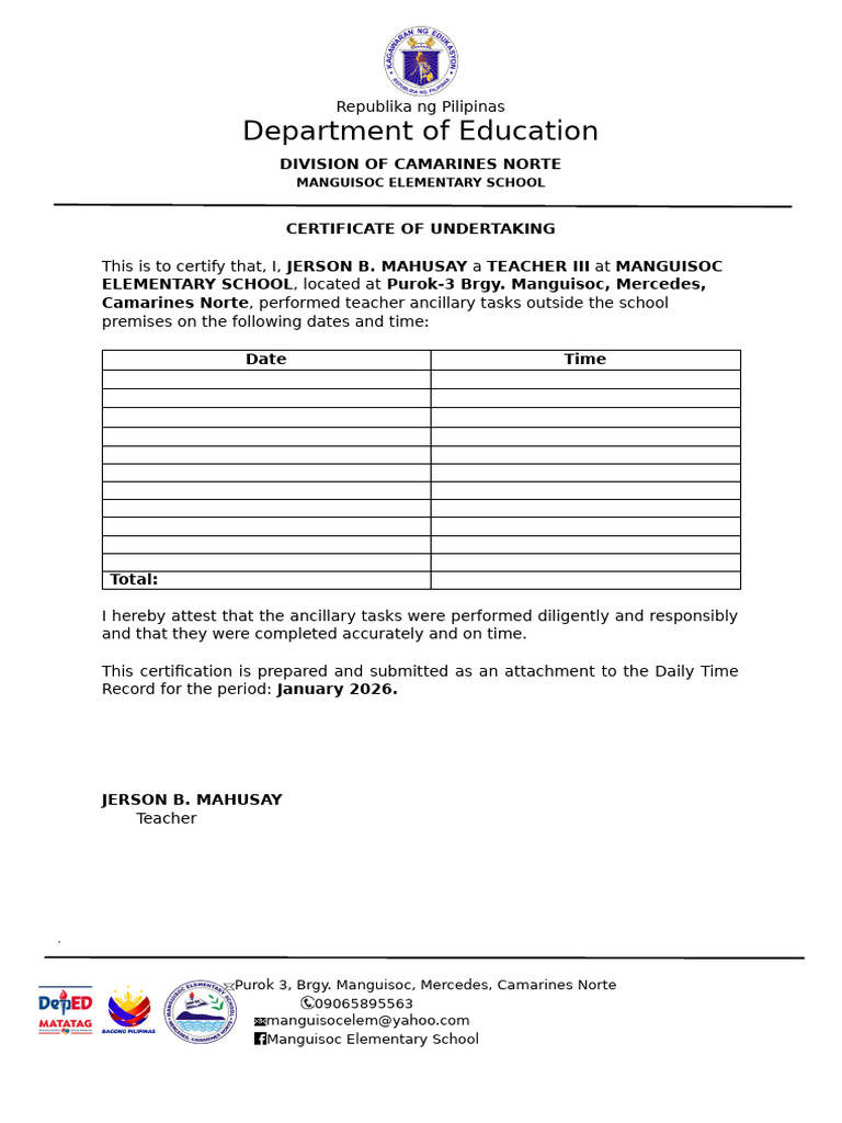 Certificate of Undertaking for Teacher Tasks | PDF