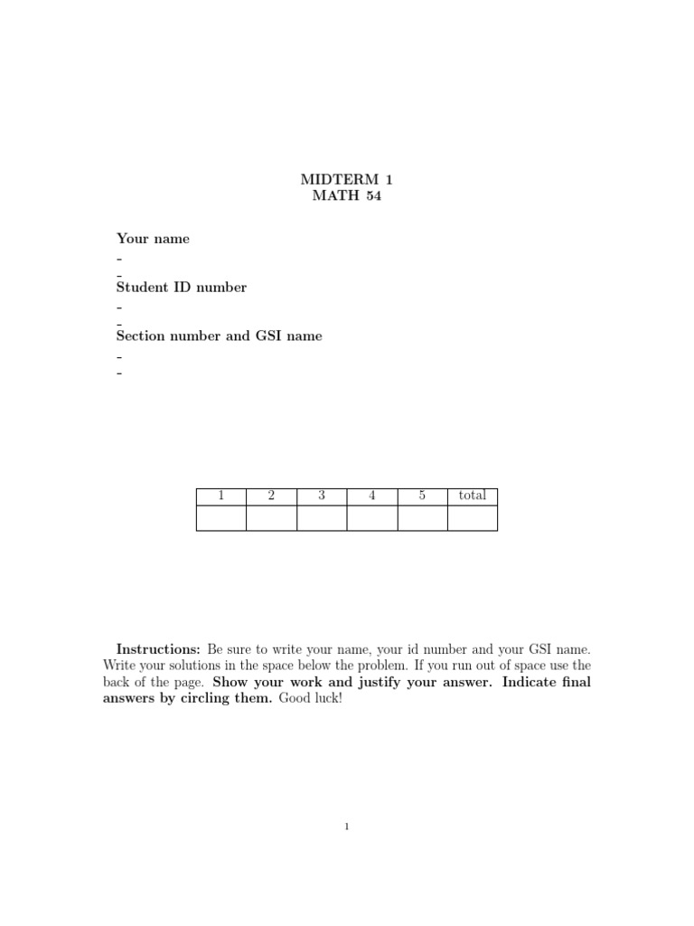 Math 54 Midterm 1 Exam Solutions | PDF