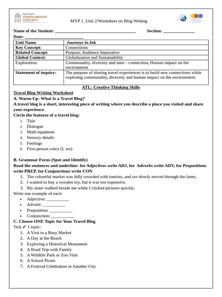 Travel Blog Writing Worksheet | PDF