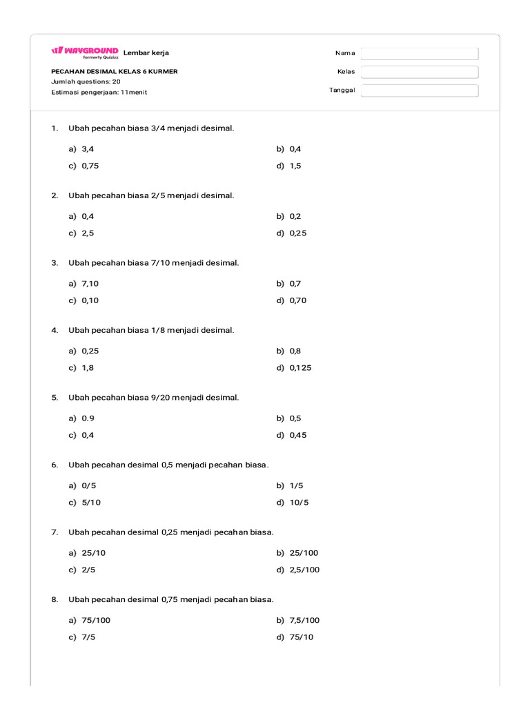 Latihan Pecahan Desimal Kelas 6 | PDF