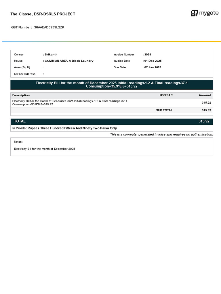 December 2025 Electricity Invoice | PDF