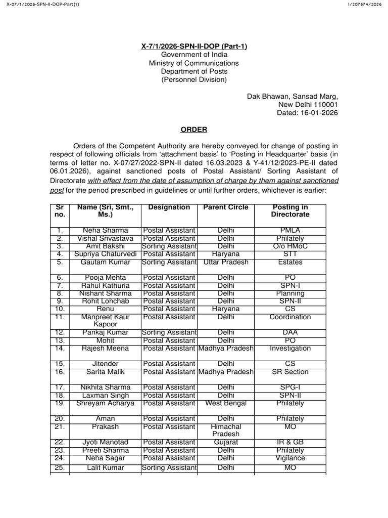 Postal Assistant Posting Orders 2026 | PDF | Government Of India